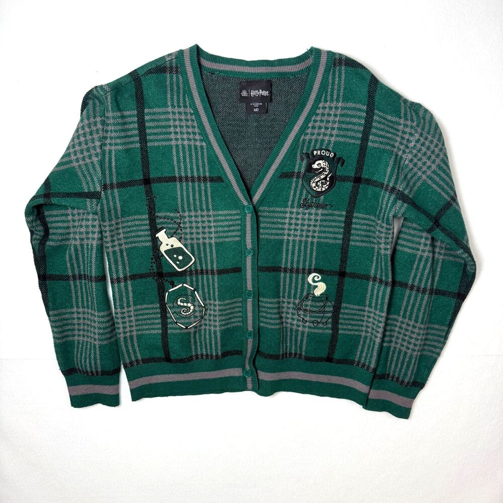 Harry Potter Slytherin Crest Cardigan Ladies Medium Button Up Embroidered Plaid